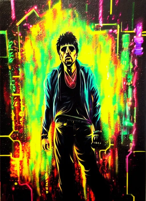 Image similar to photorealistic tony montana in a style of cyberpunk, magic glowing blur, glamour necro science acrylic painting, salvia divinorum made in abyss