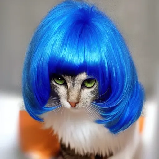 Prompt: a cat wearing a blue wig cut in the style of a bob