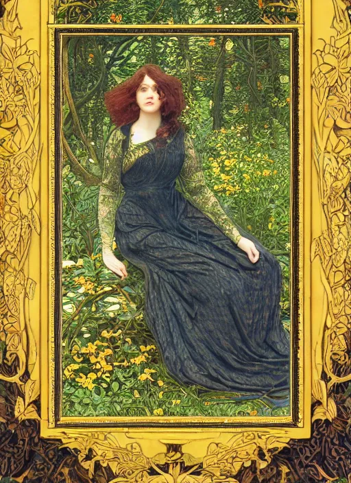 Image similar to masterpiece beautiful seductive flowing curves pose preraphaelite portrait photography, extreme closeup shot, straight bangs, thick set features, yellow ochre ornate medieval dress, amongst foliage mushroom forest arch, circle, william morris and kilian eng and mucha, framed, 4 k