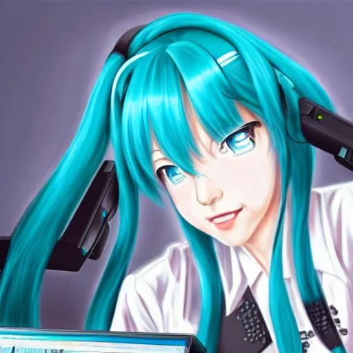 Prompt: hatsune miku using computer, smug face, painting by by ralph grady james, jean christian biville