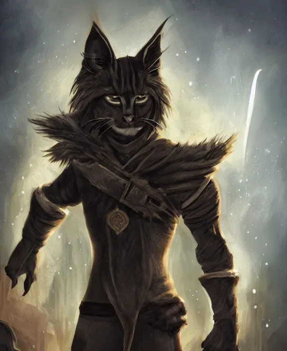 Image similar to humanoid male khajiit rogue with a scar on left eye, wearing leather armor with a hood, mainecoon cat features with jet black fur, far - mid shot, magic the gathering, fantasy