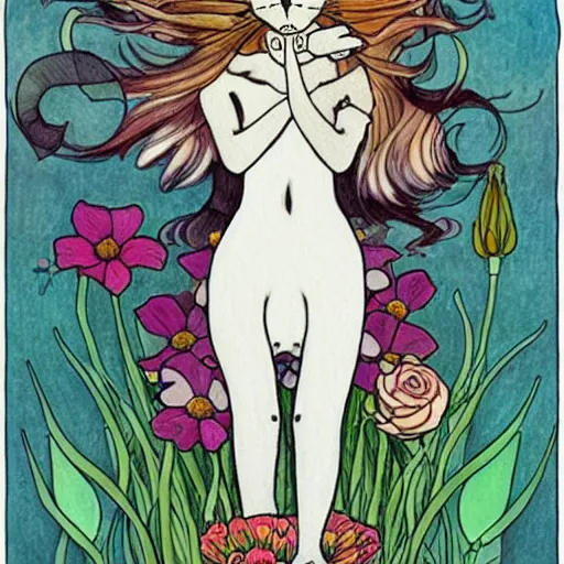 Image similar to cat smelling flowers, in the style of chiara bautista, mucha