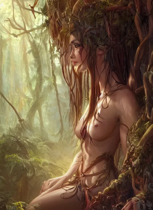 Image similar to A beautiful digital painting of a jungle princess in the mirkwood forrest looking at the camera by Stanley Artgerm Lau, frank frazetta, Rossdraws, James Jean, gerald brom, Andrei Riabovitchev, Marc Simonetti, and Sakimichan, trending on artstation