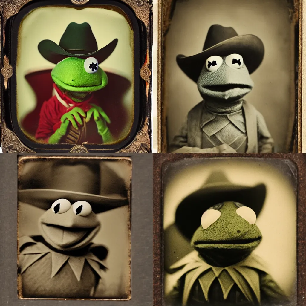 Prompt: kermit the frog with a cowboy hat, tintype photograph