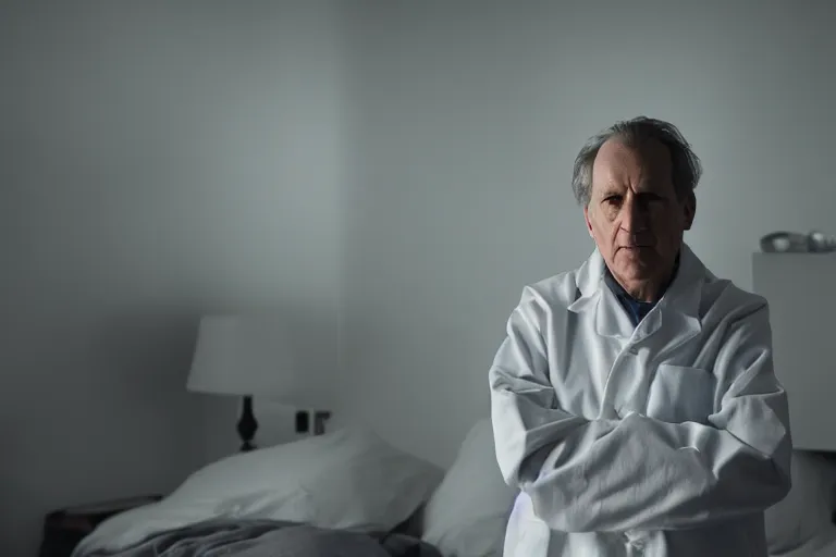 Image similar to a cinematic headshot portrait of a male scientist, in a bedroom, fog, portrait, portrait, portrait, shrubbery, 8 k, detailed, backlight, deep focus, movie still, moody lighting, by werner herzog