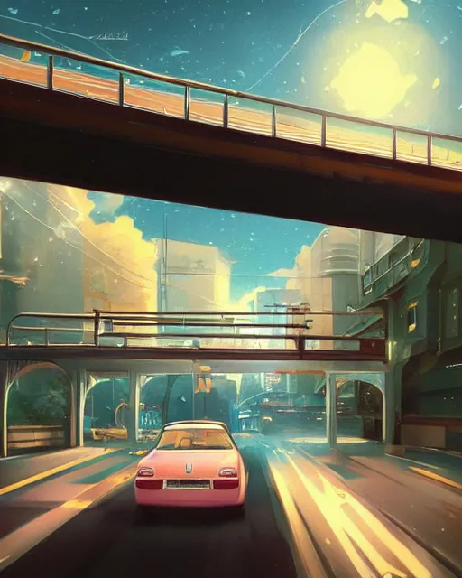 Prompt: a car driving down a street under a bridge, an album cover by makoto shinkai and by edward okun and by sengai, cgsociety, altermodern, anime aesthetic, official art, cinematic
