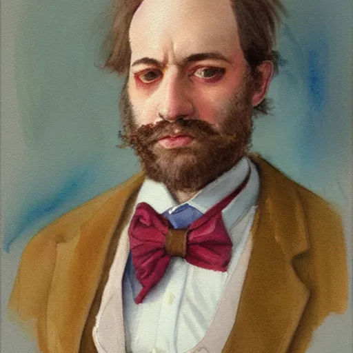 Image similar to Portrait of a handsome man with mutton chops. wearing a suit. colorful necktie, pale white face, long messy hair, ((red)) baggy eyes, tired face, watercolor, brushstrokes, high detail, artstation, background yellow and blue, medium detail, by Ilya Repin