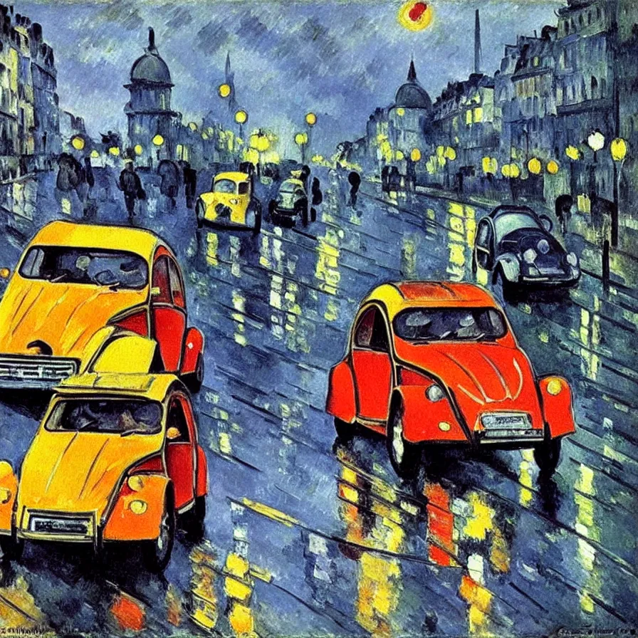 Image similar to colorful citroen 2 cv racing through paris in the 1 9 5 0 s. dark skies, rain. movement. impressionistic oil painting by pisaro, by cezanne, by matisse