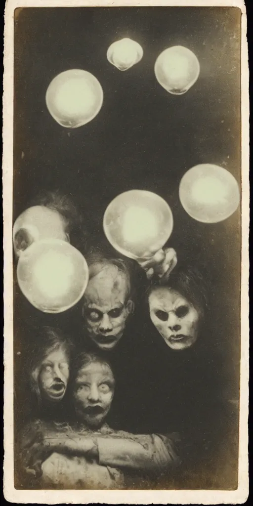 Image similar to spirit photography with glowing bulbous ectoplasm, scary reed people, sleep paralysis demon, 1 9 0 0 s, slimer, mourning family, invoke fear and dread, old photograph, daguerreotype, face of elon musk in the center