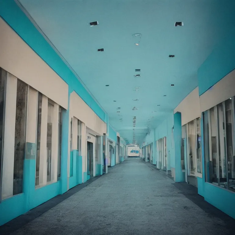 Image similar to shopping mall for dead people, film photo, soft lighting album cover, nostalgia, turquoise gradient