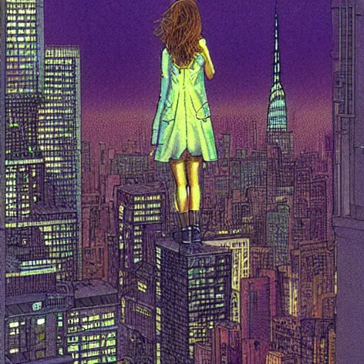 Image similar to “ a girl on a ledge overlooking futuristic new york city, ghostpunk, dark rain clouds, extreme detail, by moebius ”