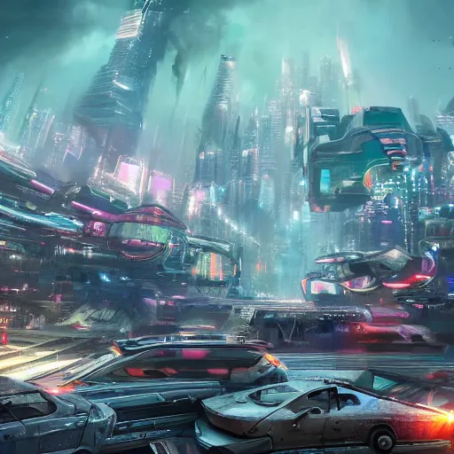 Image similar to futuristic city with neon lights and flying cars panoramic view surrounded by post apocalyptic wasteland, concept art, 4 k, intricate detail, sharp focus, by feng zhu