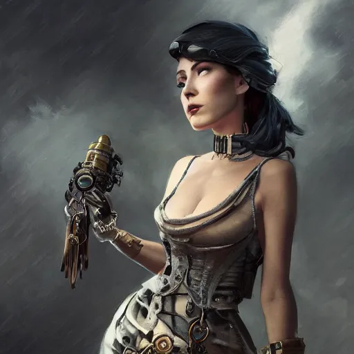 Image similar to a fancy photograph of an attractive women in a steampunk style half cut dress by greg rutkowski, sung choi, mitchell mohrhauser, maciej kuciara, johnson ting, maxim verehin, peter konig, 8 k photorealistic, cinematic lighting, hd, high details, dramatic, dark atmosphere, trending on artstation