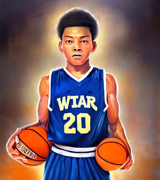 Prompt: portrait of a boy at a basketball court playing basketball wearing a basketball uniform in a basketball court standing near the basketball hoop, painted in 2040, intense emotion, detailed facial expression, detailed surroundings, intricate, elegant, highly detailed, centered, digital painting, artstation, concept art, smooth, sharp focus, illustration, by (Peter Mohrbacher), WLOP