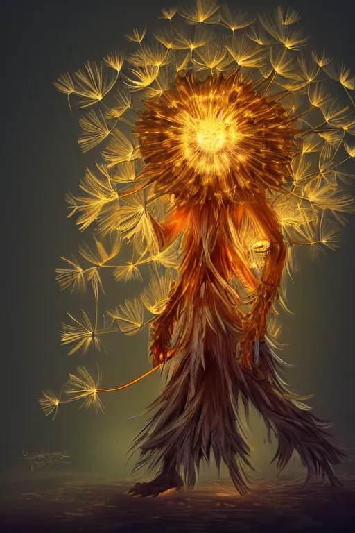 Image similar to a glowing humanoid figure dandelion monster with large glowing eyes, highly detailed, digital art, sharp focus, trending on art station, artichoke, anime art style