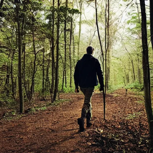 Prompt: modern day hunter, walking through the woods.