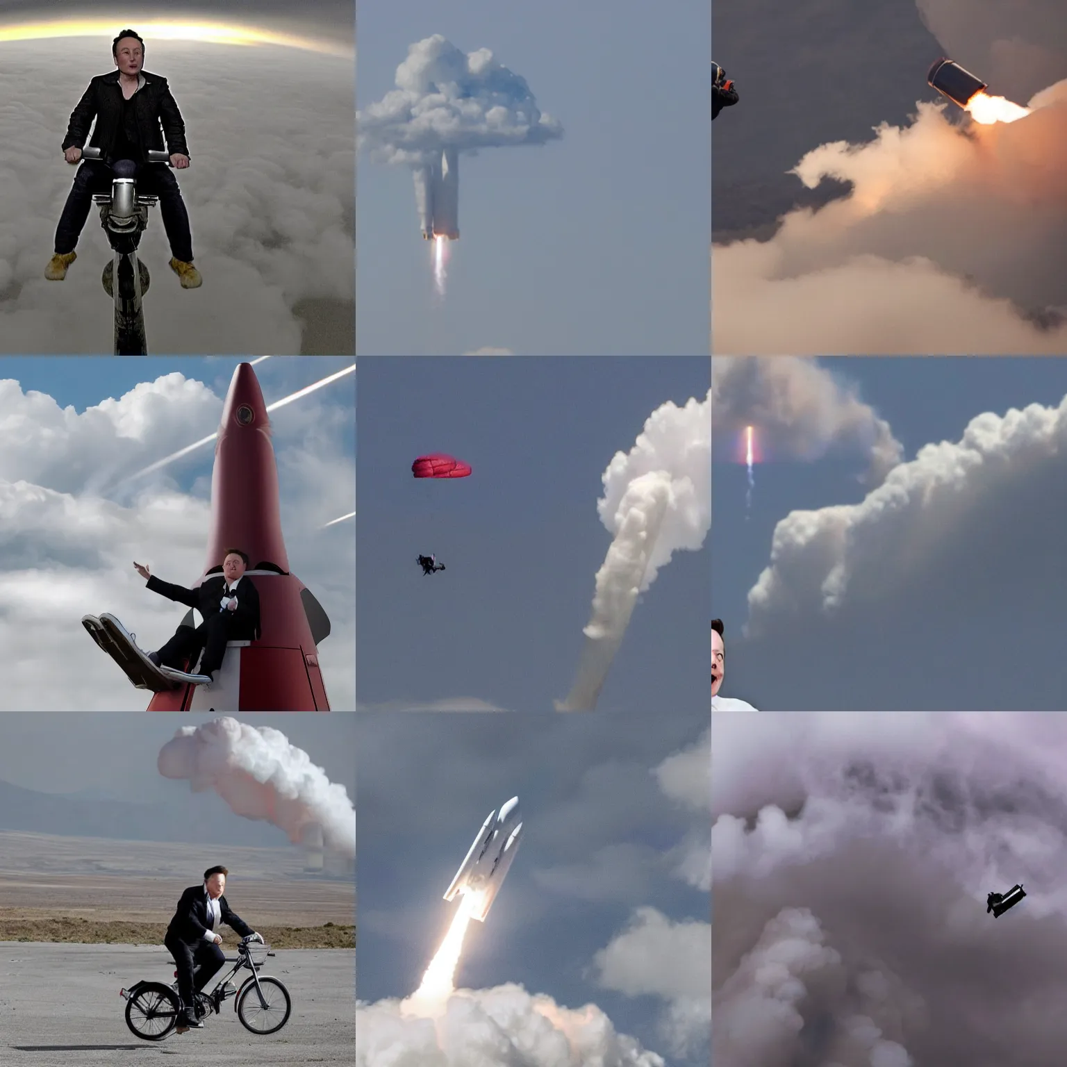 Prompt: elon musk riding a rocket sidesaddle through the clouds