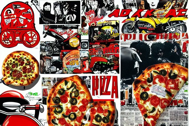 Image similar to italian pizza, akira's motorcycle, gorillaz, flyer, kid drawn