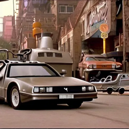 Image similar to who framed roger rabbit, cinematic still, roger rabbit in a flying delorean, high quality, futuristic