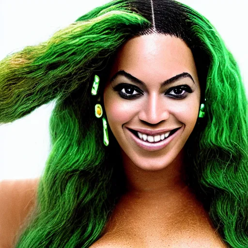 Image similar to Singer Beyoncé as She-Hulk, smiling, photograph, sports illustrated, detailed legs, hyperreal, surreal, bokeh, tilt shift photography