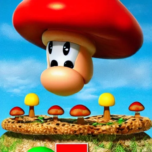 Image similar to hyper realistic super Mario eating mushrooms that take him to a parallel universe where giant mutated turtles eat anthropomorphic toadstools while they scream