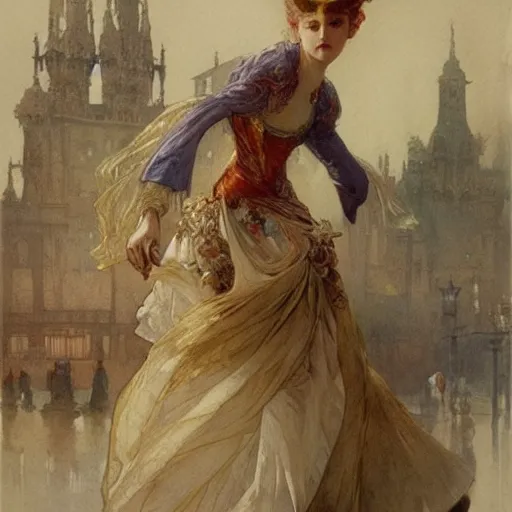 Image similar to a beautifull intricate watercolour painting of a dancing balerinas in the victorian street, reflexions, verry high details by william turner art, greg rutkowski and alphonse mucha, trending on artstation, very very detailed, masterpiece, muted colors