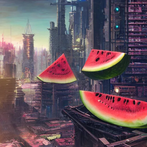 Image similar to Concept Digital Art Highly detailed giant Watermelon warlord destroying city by Stephen Hickman and Beeple. Very highly detailed 8K,Pentax 67, Kodak Portra 400 in style of Hiromasa Ogura Ghost in the Shell, the golden ratio, rational painting