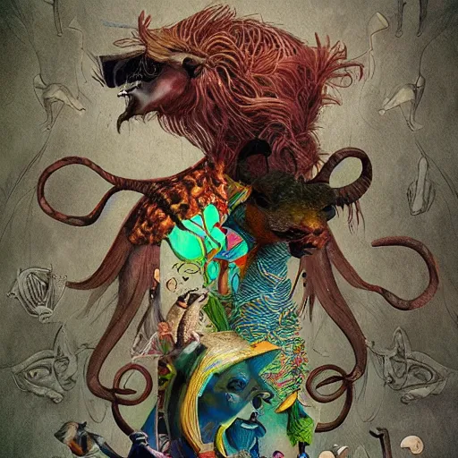 Image similar to strange mythical beasts of whimsy, surreal mixed media colllage by Ronny Khalil