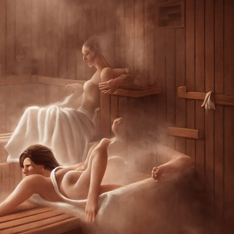 Prompt: potrait of woman relaxing in sauna, with towels, 3 d render, dark art, highly detailed, intricate, artgerm, greg rutkowski