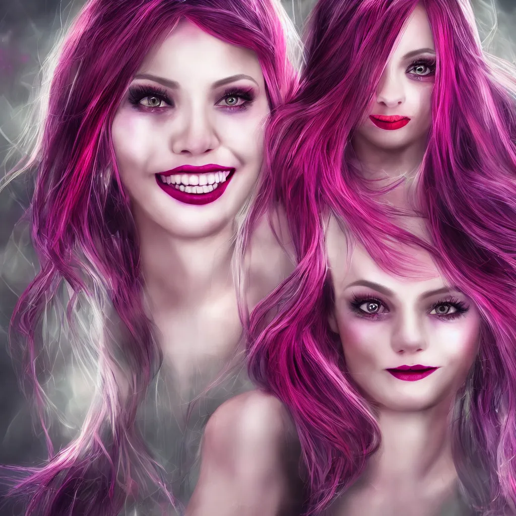 Image similar to ultra realistic portrait of a hot witch , colorful hair, pink lips, gorgeous smile, stunning, hottest, 8K resolution, deviantart,