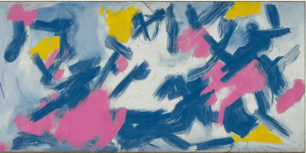 Prompt: de kooning thin scribble on white canvas, blue and pink shift, yves tanguy, first iteration, oil on canvas, thick impasto