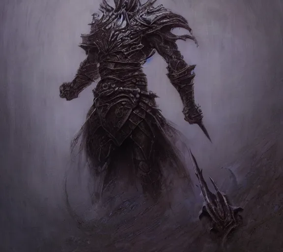 Image similar to corvus glaive concept, beksinski, age of sigma art, frank franzetta, ruan jia, dark soul armor concept, trending on artstation, wayne barlowe, adrian smith fantasy art, elden ring art, the hobbit art, lord of the ring art, infinity blade armor