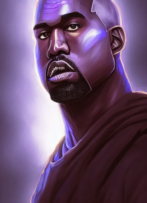 Image similar to a portrait of a kanye west as a male tiefling warrior, d & d, fantasy, intricate, tone mapped, ambient lighting, highly detailed, digital painting, artstation, concept art, 4 k, god rays, stunning beautiful, glowing eyes, sharp focus, by makoto shinkai and akihiko yoshida and hidari and wlop