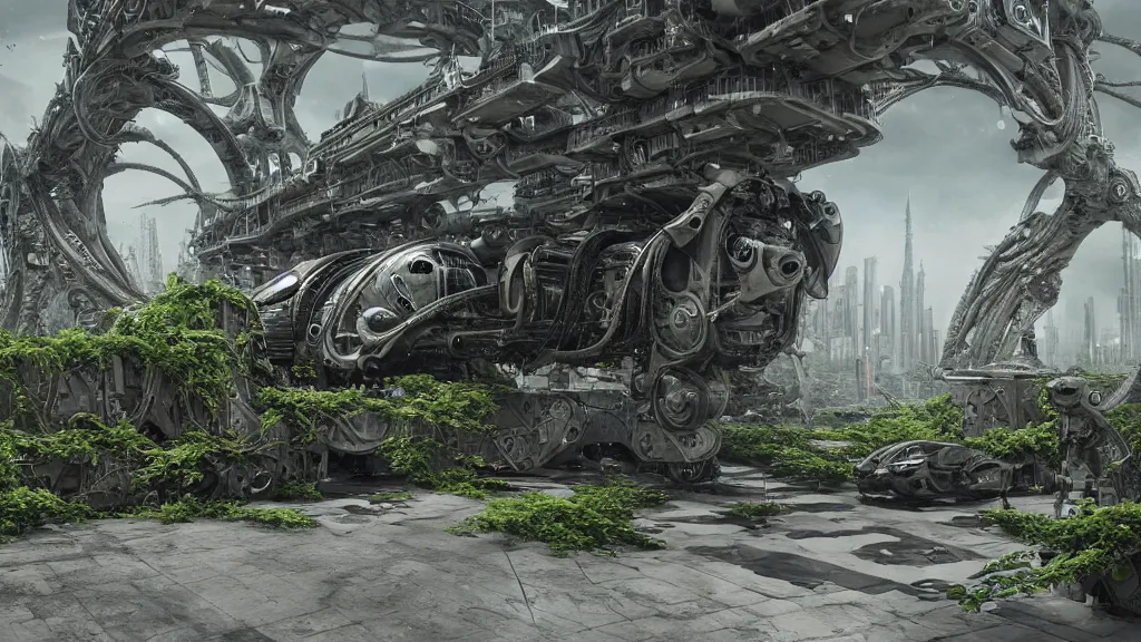 Image similar to organic mechanical metal osprey aircraft, giger influenced with ornate intricate details, landed on futuristic brutalist concrete heliport, ornate buildings covered with green moss, vines and blue foliage, with cyborg female soldiers in the foreground wearing stealth transparent clothing, daytime, wet floor on streets, matte painting, unreal engine, cinematic camera, bloom, mirrors edge