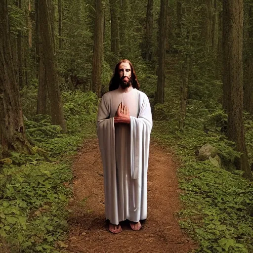 Prompt: trail cam photo of Jesus Christ