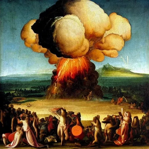 Image similar to renaissance painting of atom bomb mushroom cloud