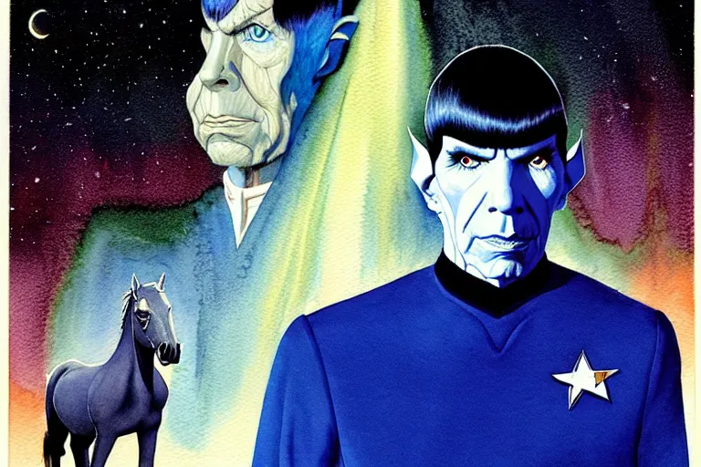 Prompt: a hyperrealist watercolour character concept art portrait of spock. there is twilight zone vibe. on well lit night in las vegas. there is a horse. a ufo is in the background. by rebecca guay, michael kaluta, charles vess and jean moebius giraud