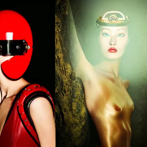 Image similar to female fashion model in year 3000 in a cave, model wearing a surreal Avant-garde helmet in red, dramatic lighting,photography , official Versace editorial , highly detailed