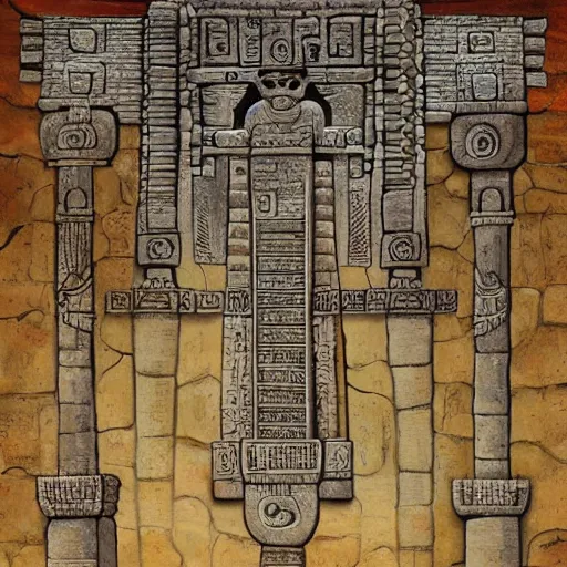 Image similar to mayan influenced architecural painting of a hidden city with a large statue in the middle of a courtyard, artstation, highly detailed,