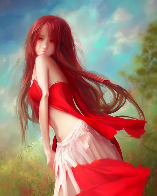 Image similar to goddess of summer, red gauze skirt, dreamy, beautiful, by wlop