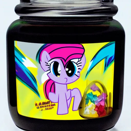 Image similar to a my little pony figure in a jar covered in a mysterious sticky yellowish fluid