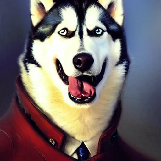 Prompt: a portrait of a husky dog wearing a suit and smiling at the viewer. highly detailed painting by gaston bussiere, craig mullins, j. c. leyendecker 8 k