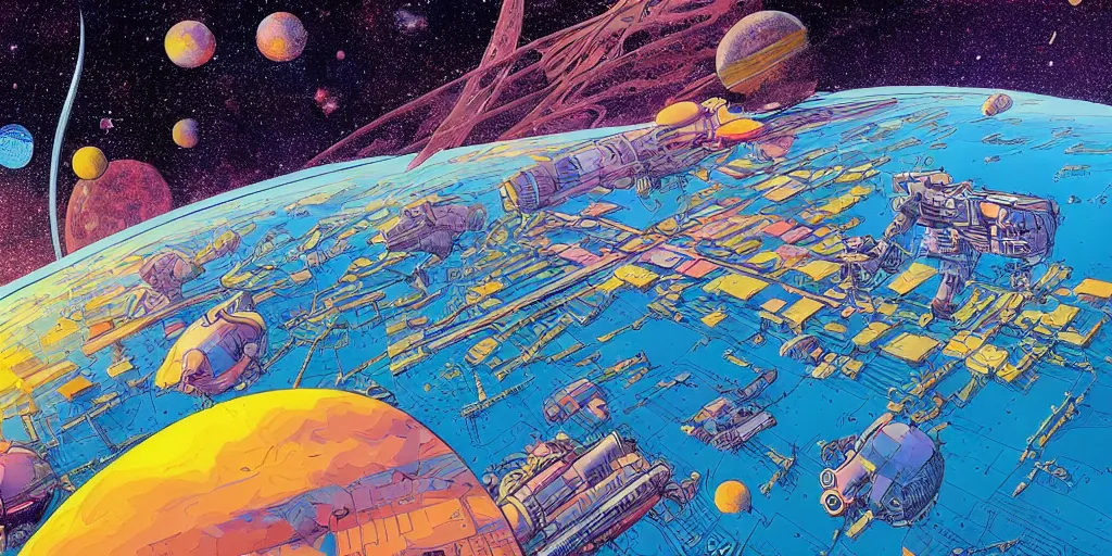 Prompt: colourful illustration of space. a floating settlement in centre. moebius. science fiction art. detailed digital painting.