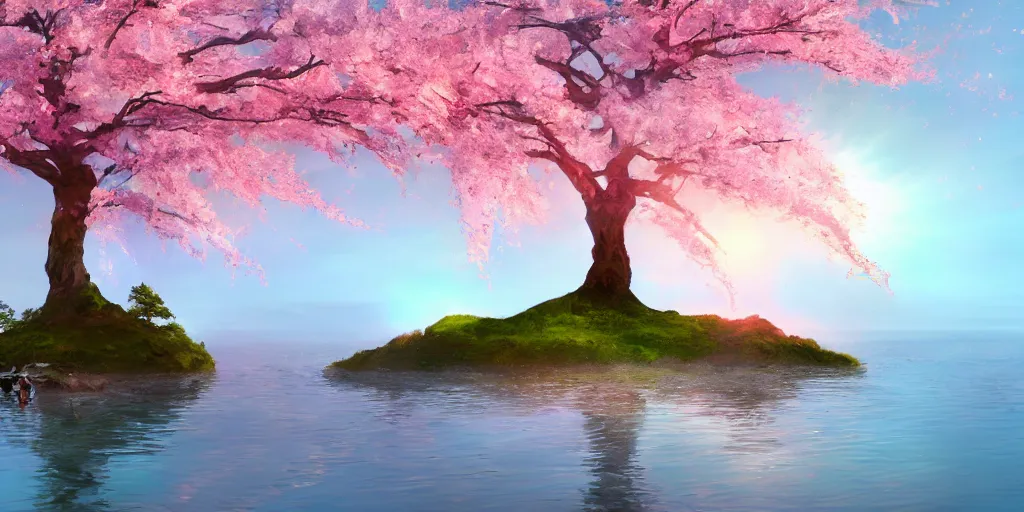 Image similar to a single sakura tree growing upon an island in a lake, cherry blossoms, illustration, light beams, digital art, oil painting, fantasy, 8 k, trending on artstation, detailed