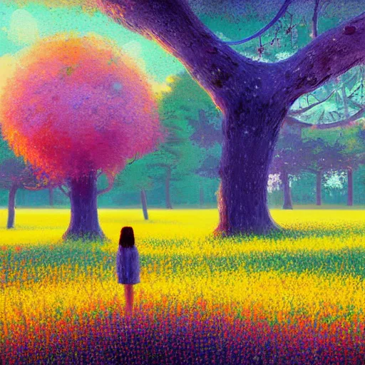 Image similar to girl becoming flower, standing in a flower field, big trees, sunrise dramatic light, impressionist painting, colorful clouds, digital painting, pointillism, artstation, simon stalenhag