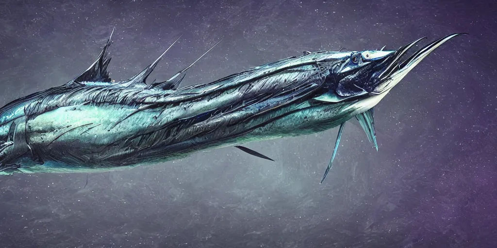 Image similar to sailfish, stylized layered textures, long flowing fins, bioluminescent orbs, 3 d render, substance painter, glowing eye, smooth, sharp focus, art by h r giger