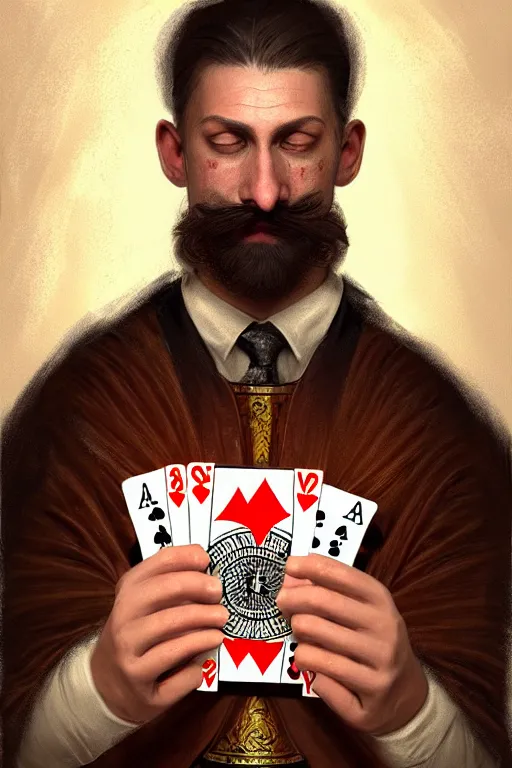 Image similar to neck bearded round face with no moustache, magician holding playing cards, realistic, modern, magicians eyes are covered with cloth, intricate, elegant, highly detailed, digital painting, artstation, concept art, addiction, chains, smooth, sharp focus, illustration, art by ilja repin