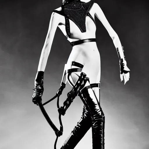 Image similar to fashion photography of an extraterrestrial model, holding a leather whip, wearing demobaza fashion, inside berghain, berlin fashion, harness, futuristic fashion, dark minimal outfit, photo 3 5 mm leica, hyperdetail, berghain, 8 k, very detailed, photo by nick knight