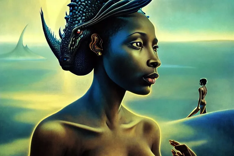 Image similar to realistic detailed photorealistic film portrait shot of a beautiful black woman with a dragon, sci-fi landscape background by Denis Villeneuve, Amano, Yves Tanguy, Alphonse Mucha, Ernst Haeckel, Andrei Tarkovsky, Edward Robert Hughes, Roger Dean, rich moody colours, wide angle, blue eyes