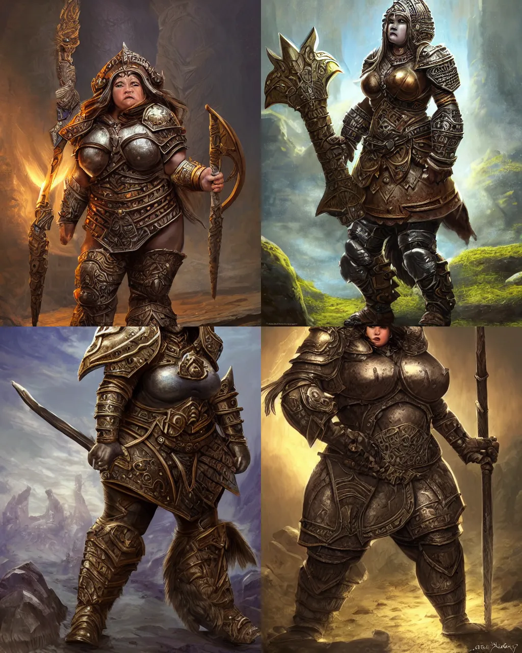 Prompt: a big female dwarven warrior wearing heavy plate armor, strong robust chubby body, at the stone ruins, rpg artwork, hyperdetailed, hyperrealistic, soft light, imposing presence, jeff easley and scott m fischer, artstation, intricate metal, smooth, sharp focus